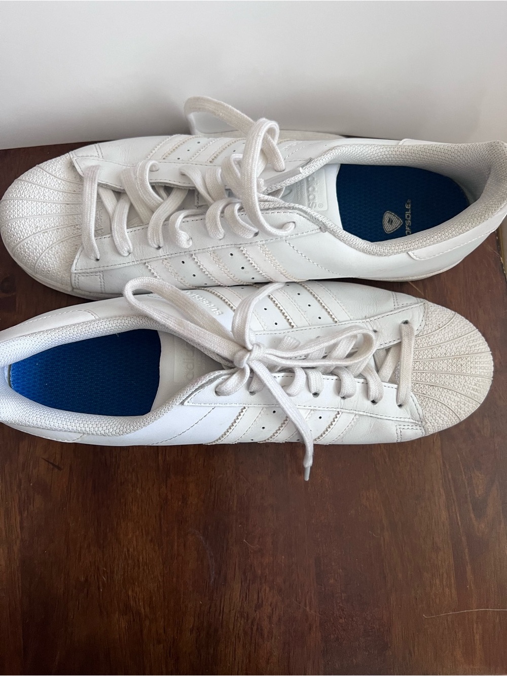adidas White Low-Top Shell Toe Sneakers with Blue Insoles